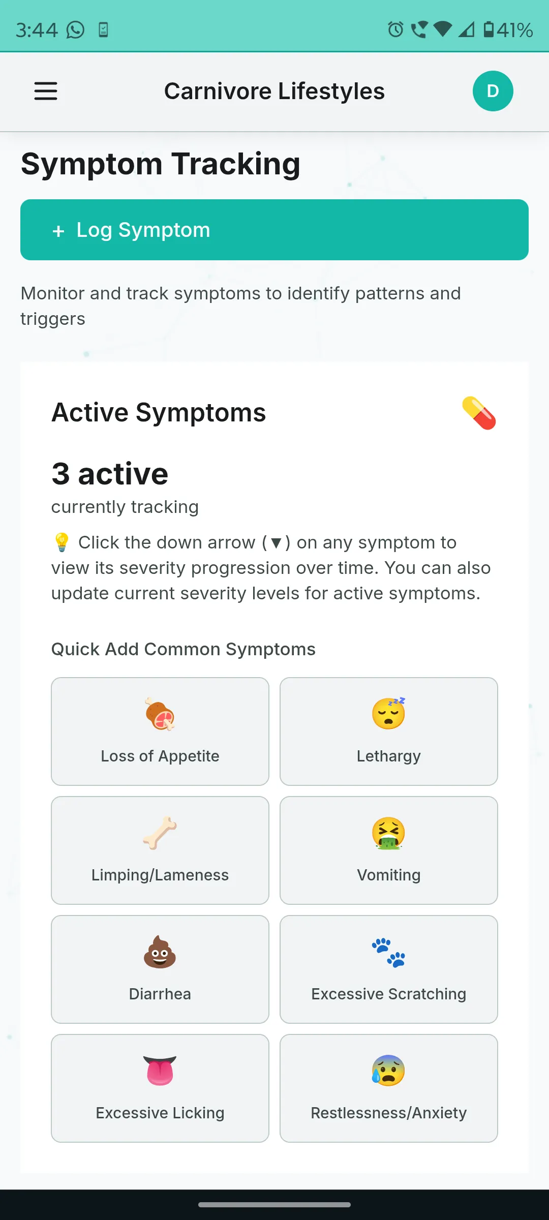 Pet symptom quick-add