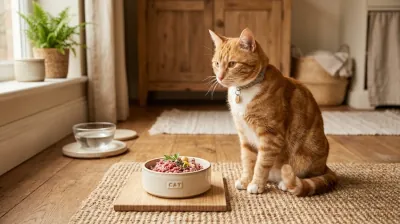 Calm healthy cat beside a simple food bowl in warm natural light — partway through an 8–12 week elimination protocol